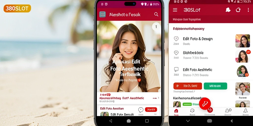 Antarmuka pengguna aplikasi 380SLOT untuk edit foto aesthetic dengan berbagai fitur.