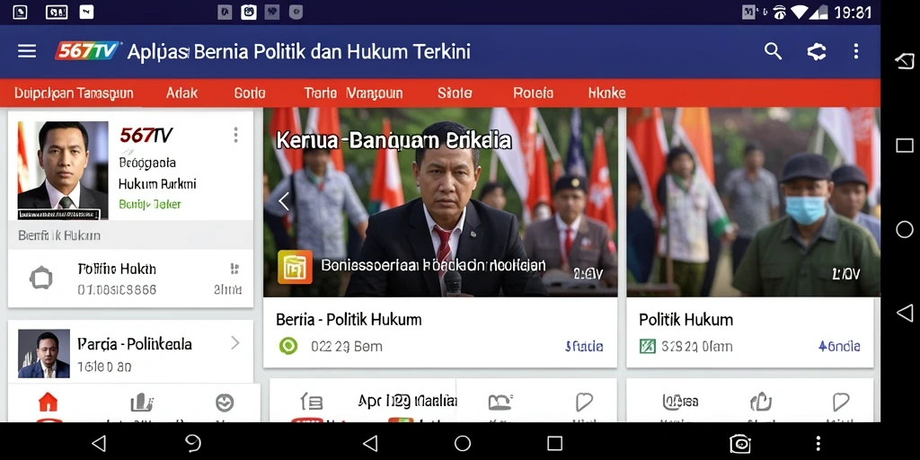 Tampilan antarmuka 567TV dengan berita politik dan hukum.