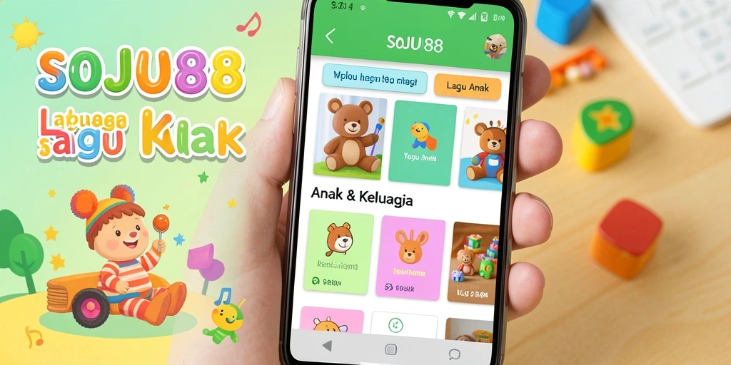 Tampilan antarmuka aplikasi SOJU88 dengan lagu-lagu anak yang berwarna-warni.
